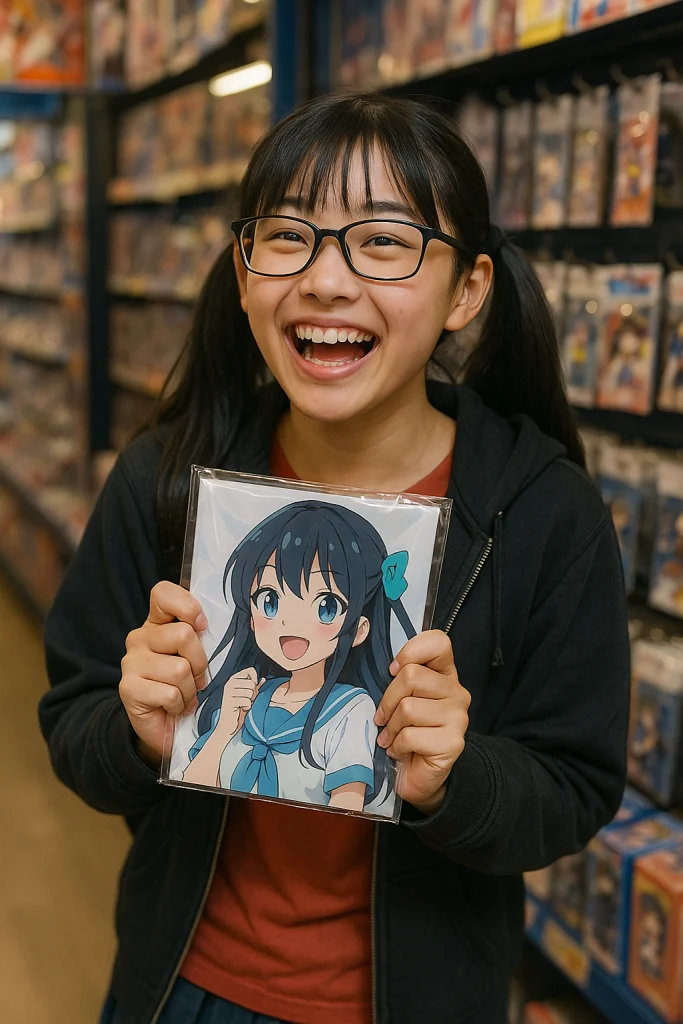 アニメグッズを購入してはしゃいでいる女の子