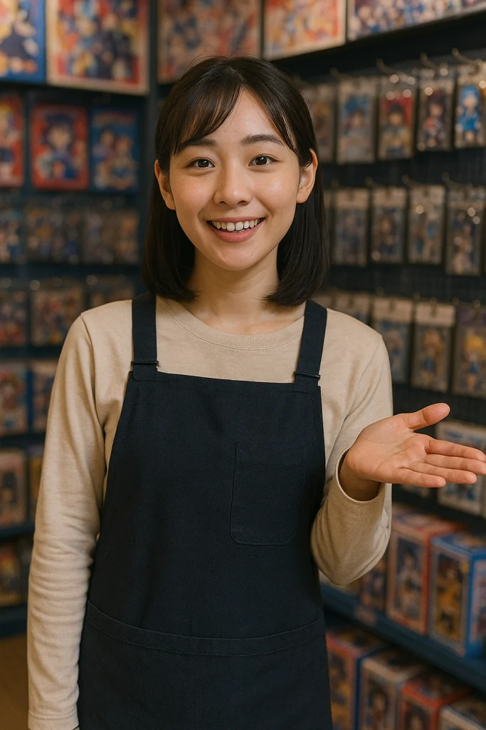 アニメショップで質問に回答している女性店員