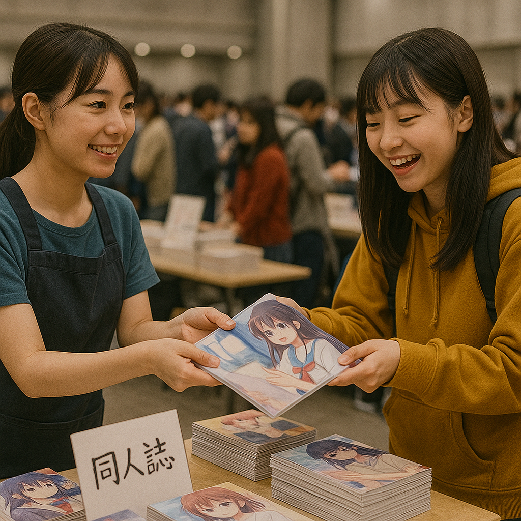 コミケ会場で売り子から同人誌を購入している様子