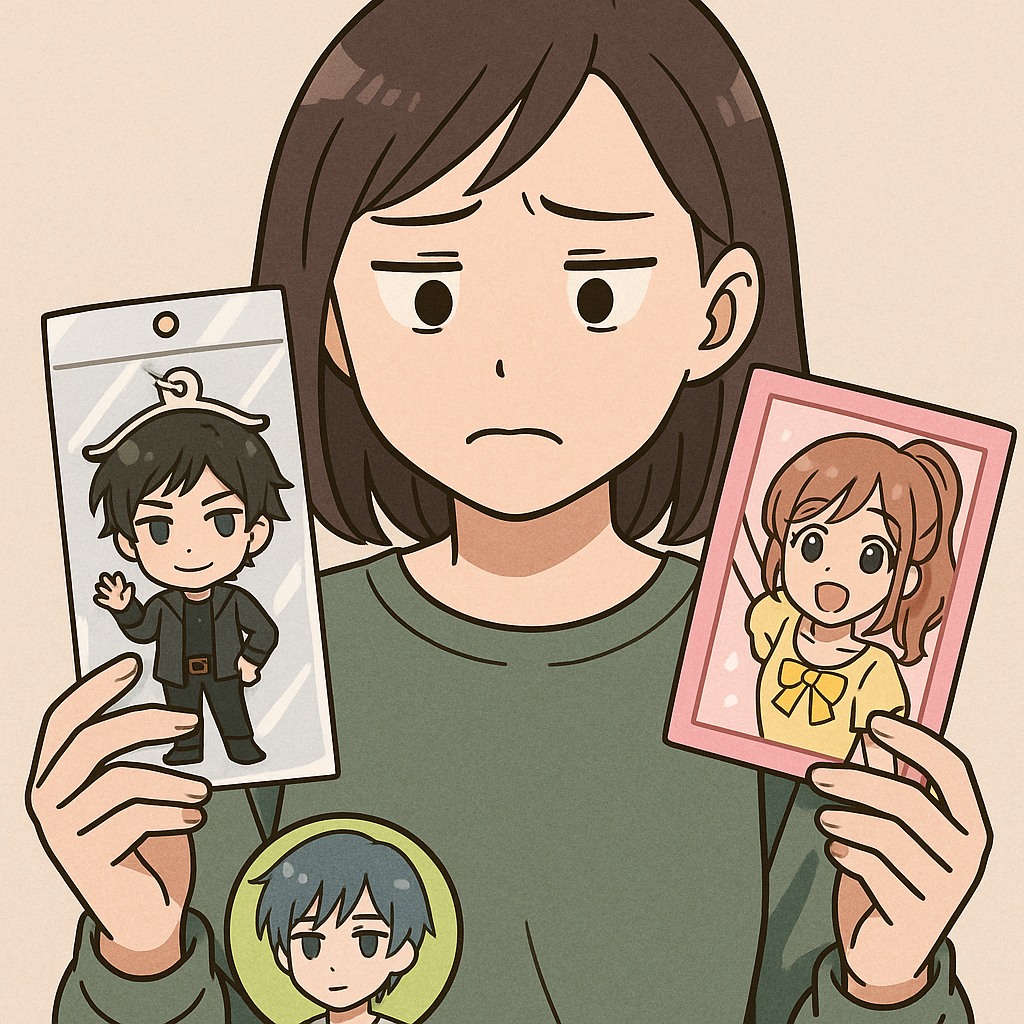 アニメグッズを手放すか悩む女性
