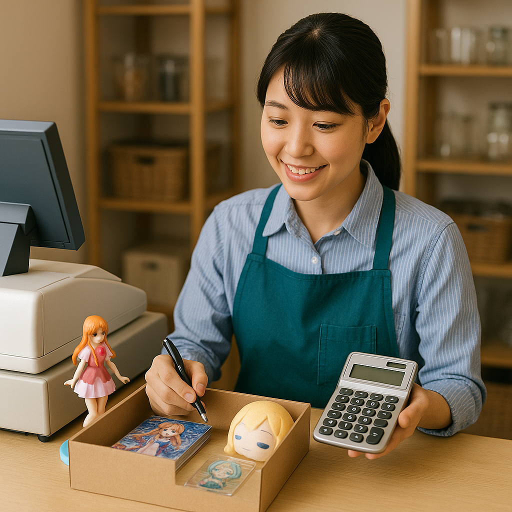 お客様から買取査定希望の商品を査定している女性店員