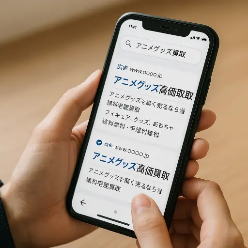 スマホでアニメグッズの買取しているサイトを検索している様子
