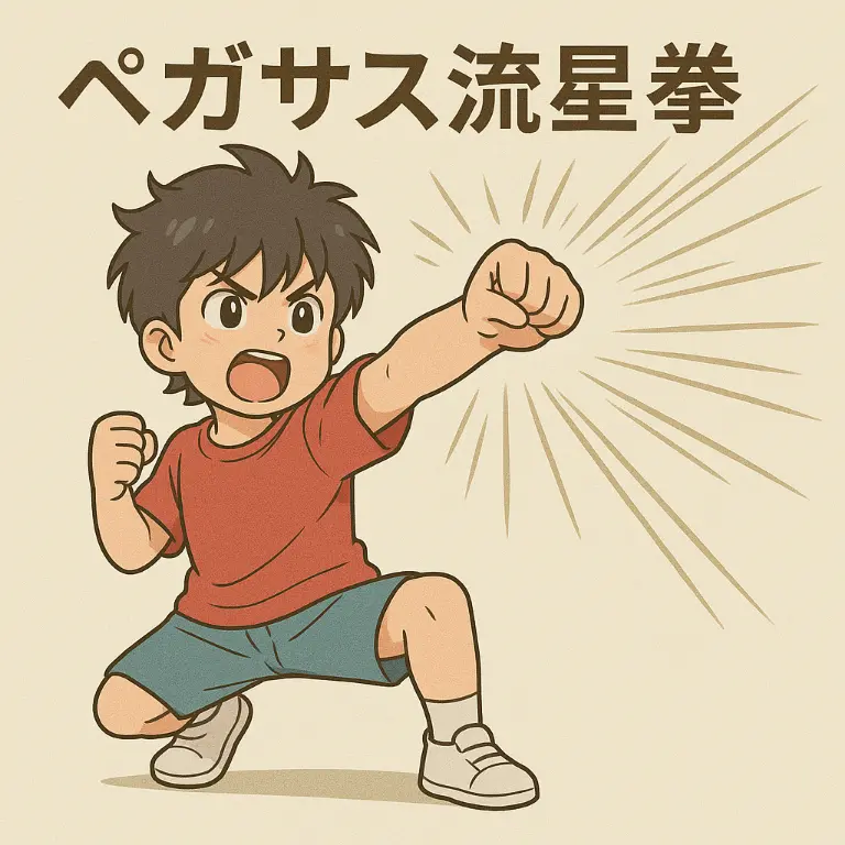 昭和のこどもが聖闘士星矢のペガサス流星拳を真似ている様子