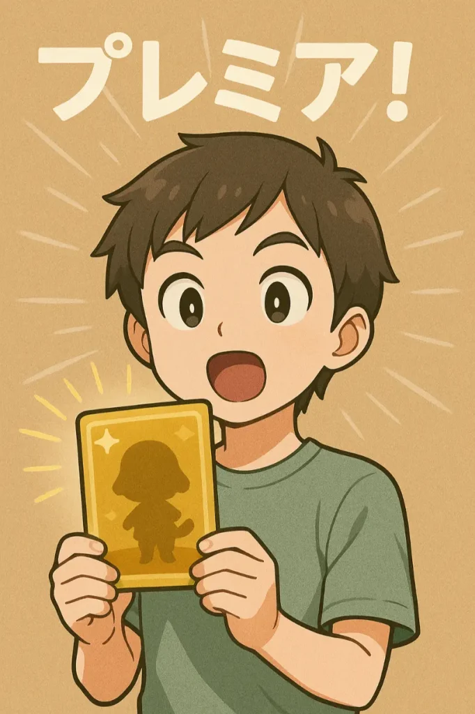プレミアムカードを当てて驚いている少年