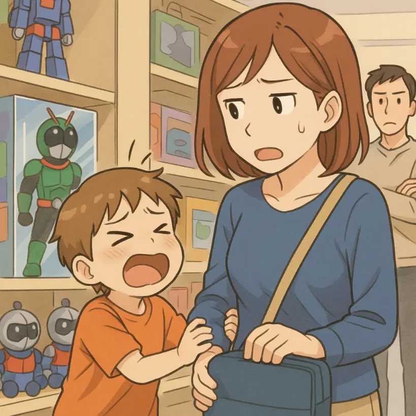TVでやっていた特撮ヒーローのおもちゃを欲しがる子どもと親