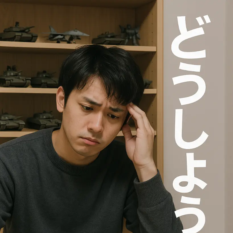 棚に組み立てたプラモデルがいっぱいで処分をどうしようか悩んでいる男性