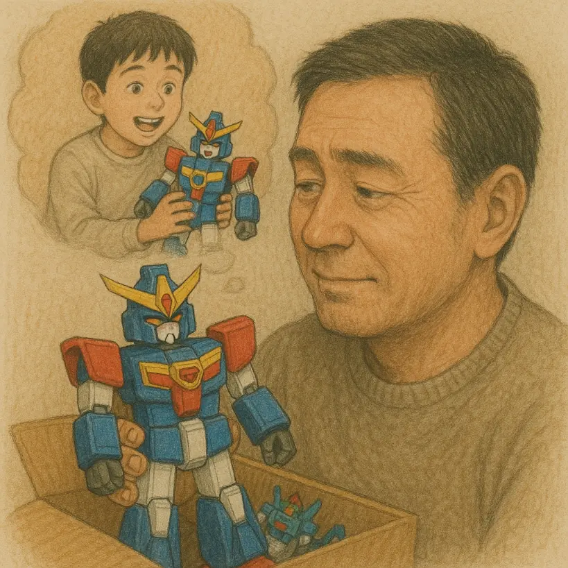勇者ロボを見て当時を思いだしている男性