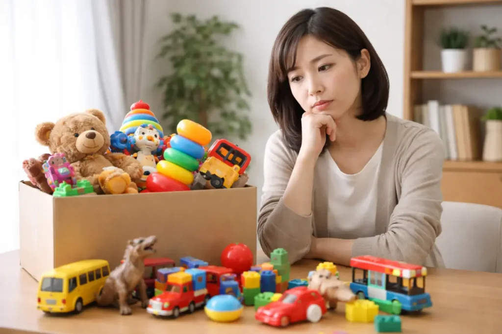 おもちゃ売ったらいくら位になるのか考えている母親